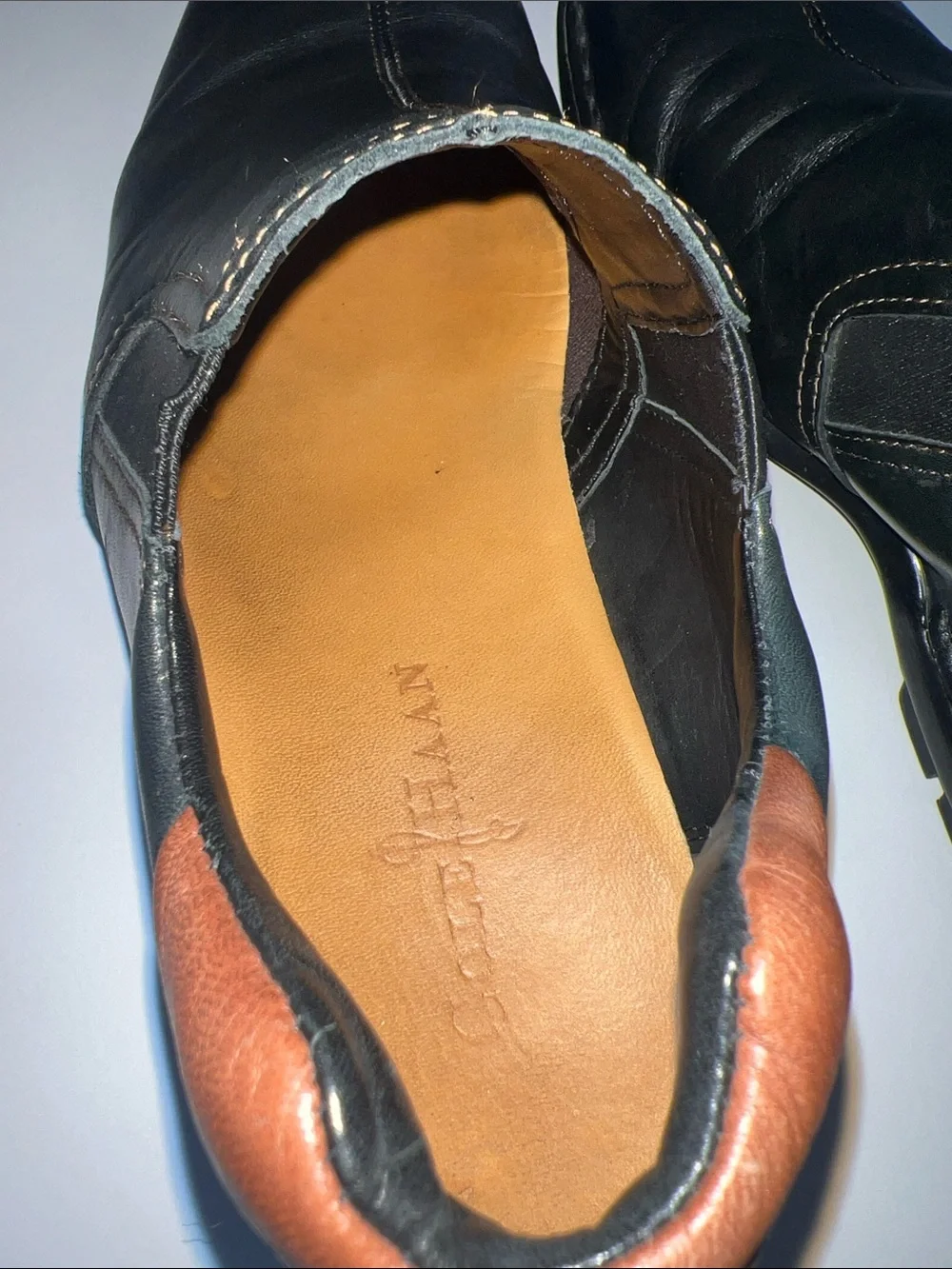 Cole Haan Black Leather Slip-On Loafers with Brown Heel Detail